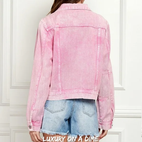 Classic Cropped Faded Pink Jean Denim Jacket Button Up Cotton Veveret - Picture 3 of 10